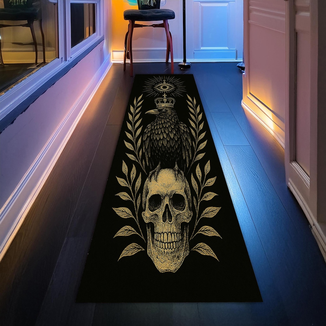 Gothic Skull and Raven Runner Rug – Occult Symbol Corridor Carpet With ...