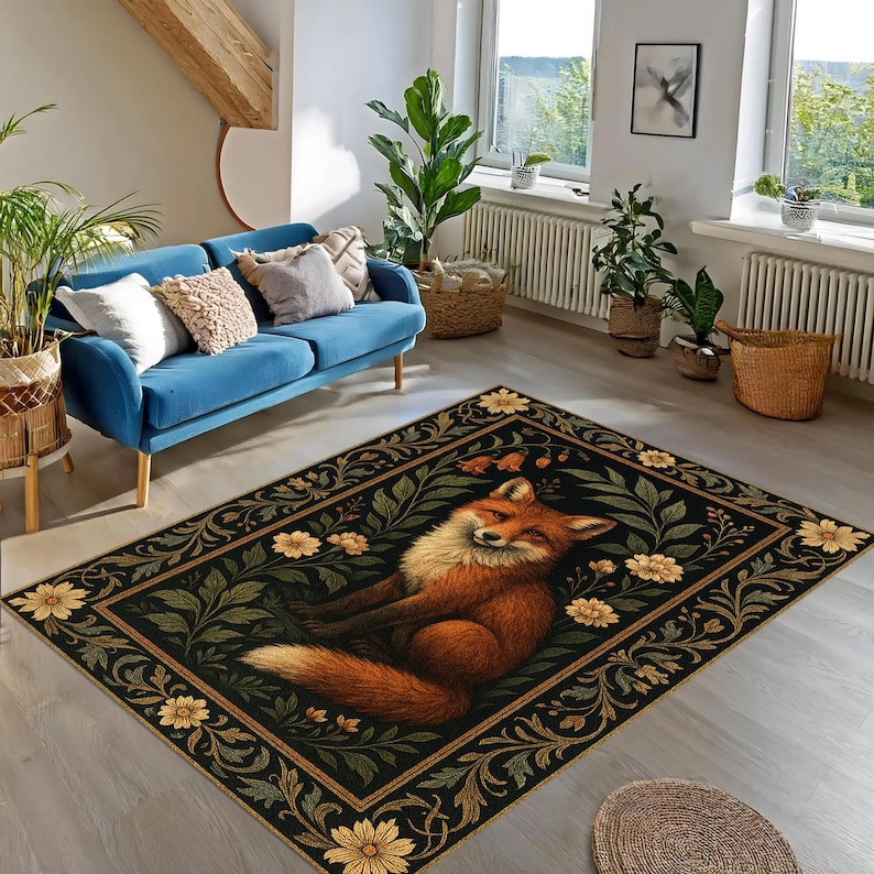 K&ouml;nnte beinhalten: Rechteckiger Teppich mit einer detaillierten Illustration eines Fuchses, der sich auf einem Bett aus Bl&auml;ttern und Blumen ausruht. Der Teppich hat einen schwarzen Hintergrund mit einem dekorativen Rand und liegt auf einem hellen Holzboden.