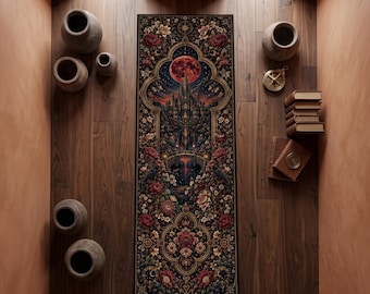 Alfombra gótica de castillo de luna de sangre, alfombra de pasillo estilo academia oscura, alfombra de catedral celestial, decoración gótica floral victoriana