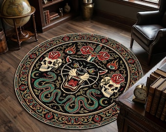 Alfombra redonda con diseño de pantera tatuada, alfombra de arte de tatuaje tradicional, alfombra de calavera, rosa y serpiente, decoración gótica alternativa, alfombra de arte flash.