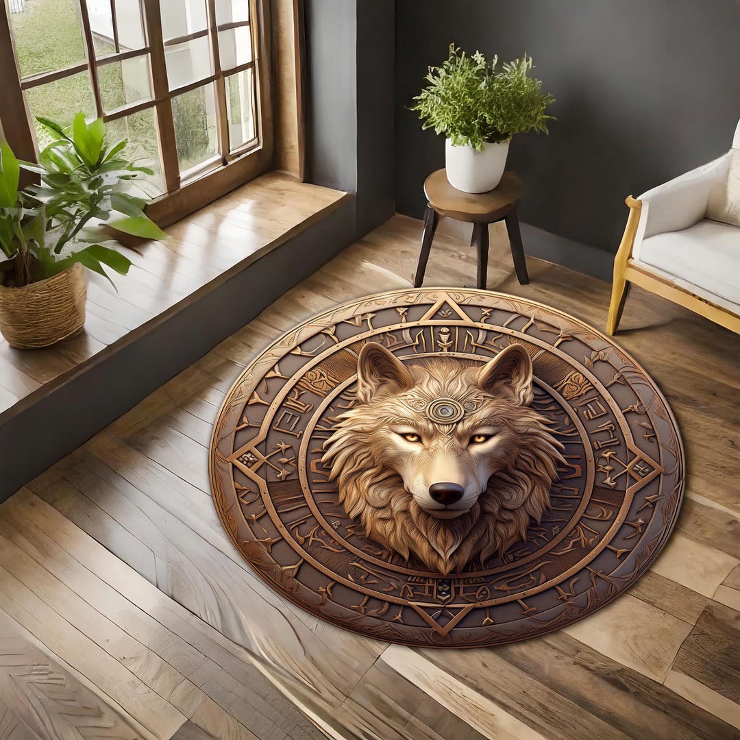 Wolf Round Rug, Norse God Rug, 3D Look Wolf Rug, Wooden Wolf Rug ...