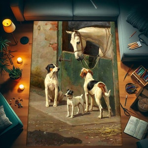 May include: A painting of a white horse standing in a stable with three dogs. The horse is looking at the dogs, and the dogs are looking at the horse. The painting is done in a realistic style and has a warm color palette.