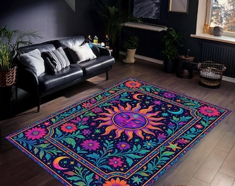 Alfombra psicodélica Sol y Luna – Alfombra celestial bohemia y alucinante, alfombra hippie colorida, decoración witchcore para amantes de la astrología