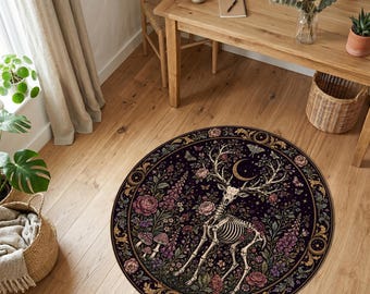 Alfombra redonda con esqueleto de ciervo, alfombra gótica de ciervo, decoración botánica oscura, alfombra redonda estilo witchcore, alfombra de bosque celestial