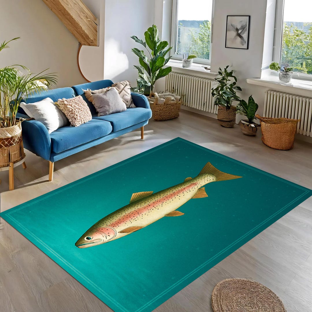 Fish Rug for Coastal Decor – Realistic Trout Illustration on Blue Water ...