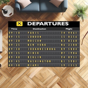Departures Board Rug, Airport Rug, Airport Departure Rugs, Traveler Gift Rug, Non Slip Rug, Office Rug, Washable Rug