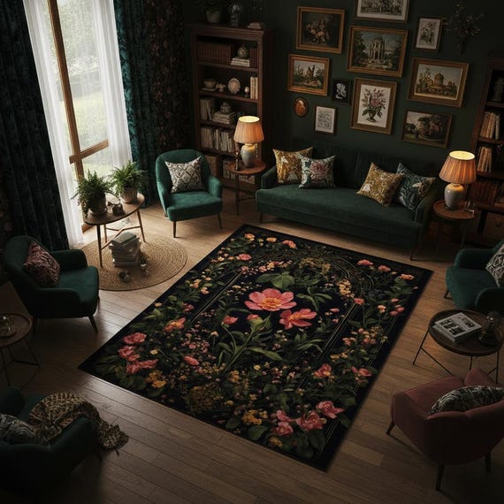 Dark Floral Victorian Rug, Wildflower Aesthetic Rug, Gothic Home Rug, Washable Rug, Non Slip Rug