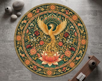 Alfombra redonda Phoenix Lotus, alfombra floral oriental, alfombra con aves míticas, decoración de mandala botánico, alfombra redonda de lujo.