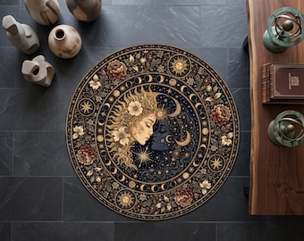 Alfombra redonda del Sol y la Luna Celestiales, Alfombra de Amantes Cósmicos, Alfombra de Fases Lunares, Decoración Astrológica, Alfombra Gótica Celestial
