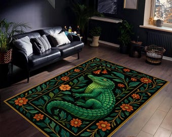 Tapis en crocodile - tapis fantaisiste d'animaux de la jungle, décoration naturelle audacieuse, cadeau pour amateur de reptiles pour cottagecore ou chambres éclectiques