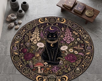 Alfombra redonda de gato negro místico, alfombra botánica de bruja, decoración gótica de gato, alfombra mágica cottagecore, alfombra de jardín lunar