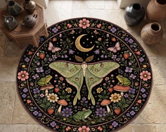 Alfombra redonda Luna Moth, alfombra botánica estilo cottagecore, decoración de jardín lunar, alfombra inspirada en la naturaleza, alfombra redonda floral encantada