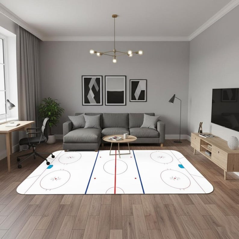 May include: A white hockey rink rug featuring blue and red markings, circles, and face-off dots. The rug is placed in a living room with a grey sofa, coffee table, and framed artwork.