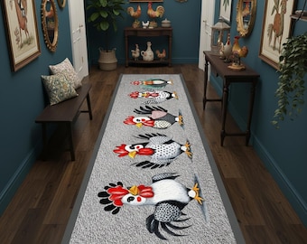 Tappeto decorativo con galline, tappeto da cucina/sala da pranzo, tappeto rustico con galline.