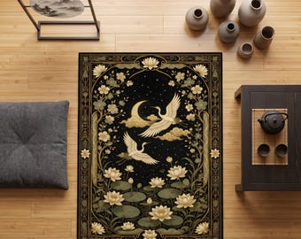 Alfombra de área con grulla de loto, alfombra de inspiración japonesa, alfombra Luna Celestial, decoración botánica zen, alfombra de naturaleza elegante