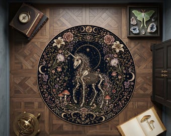 Alfombra redonda de unicornio esqueleto, alfombra gótica de fantasía, decoración botánica celestial, alfombra redonda estilo academia oscura, alfombra de unicornio místico