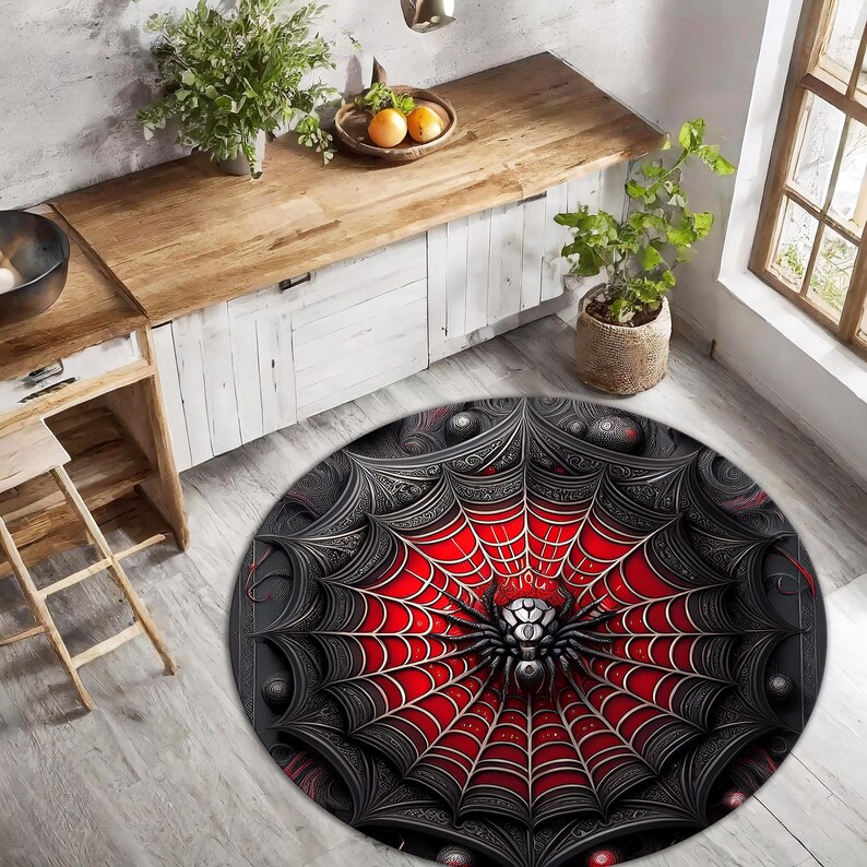 Spider Web Round Rug for Gothic Home Decor, Black Red Gothic Rug for ...