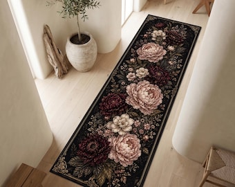 Alfombra de pasillo con diseño de peonías oscuras, alfombra floral vintage para pasillo, alfombra botánica con un toque melancólico, alfombra floral romántica, decoración gótica para el hogar.