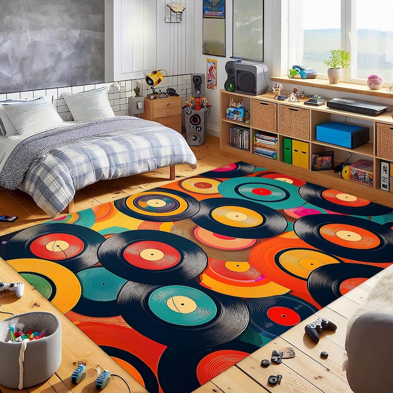 80s Retro Record Pattern Rug, Music Room Decor, Colorful Rug, Retro ...