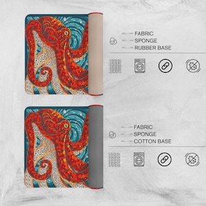 K&ouml;nnte beinhalten: Zwei aufgerollte rechteckige Matten mit einem Oktopus-Design. Der Oktopus ist rot und orange, vor einem teal-farbenen Hintergrund mit wei&szlig;en Akzenten. Eine Matte hat eine beige Rolle, die andere eine graue Rolle. Die Matten sind mit Stoff-, Schwamm- und Basismaterialien beschriftet.