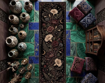 Alfombra de pasillo botánica medianoche, alfombra gótica floral para pasillo, alfombra de pasillo de flores silvestres celestiales, decoración botánica mística, alfombra de jardín oscuro