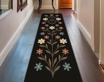 Boho Floral Runner Rug – Black Hallway Carpet with Colorful Daisy and Leaf Pattern – Modern Entryway & Kitchen Floor Decor