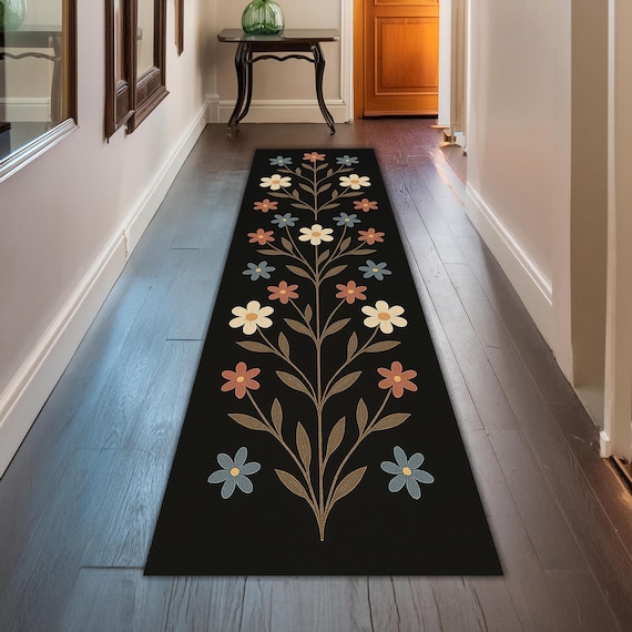 Boho Teppich Läufer mit Blumenmuster – Schwarzer Flur Teppich mit Gänseblümchen und Blätter Muster – Moderner Flur Teppich Dekor