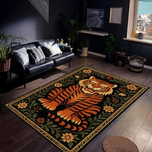 Tiger Rug – Fierce Jungle Cat Area Carpet, Floral Botanical Tiger Decor, Bold Statement Rug for Animal Lover Gift, Boho Living Room Accent