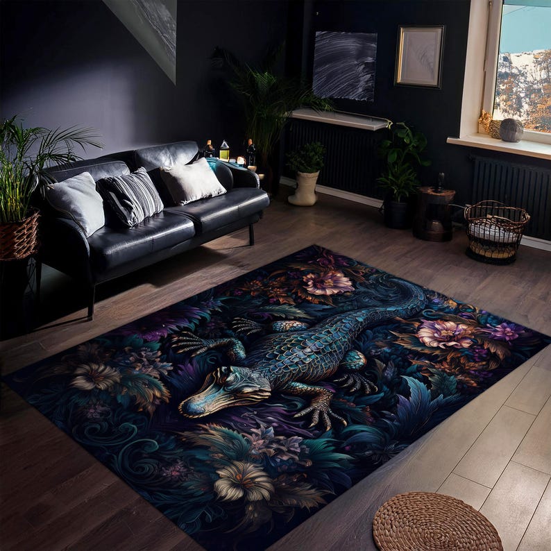 Cool Rug Lizard Floral Crocodile Rug for Goth Room Decor, Alligator Decor, Reptile ...
