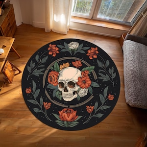 Skull Rug For Goth Room, Floral Skull Area Rug, Occult Decor, Gothic Skull Rug, Witch Rug, Halloween Decor Rug,Black Skull Rug,Dark Academia