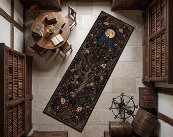 Alfombra de pasillo estilo gótico a la luz de la luna, alfombra de pasillo estilo castillo, alfombra de pasillo con estampado floral oscuro, decoración de jardín celestial, alfombra gótica victoriana
