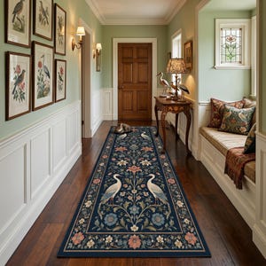 May include: A long rectangular runner rug featuring a dark blue background with a symmetrical pattern of white cranes, light blue and pink floral motifs, and intricate leafy vines, bordered by a decorative frame of repeating flowers and foliage.
