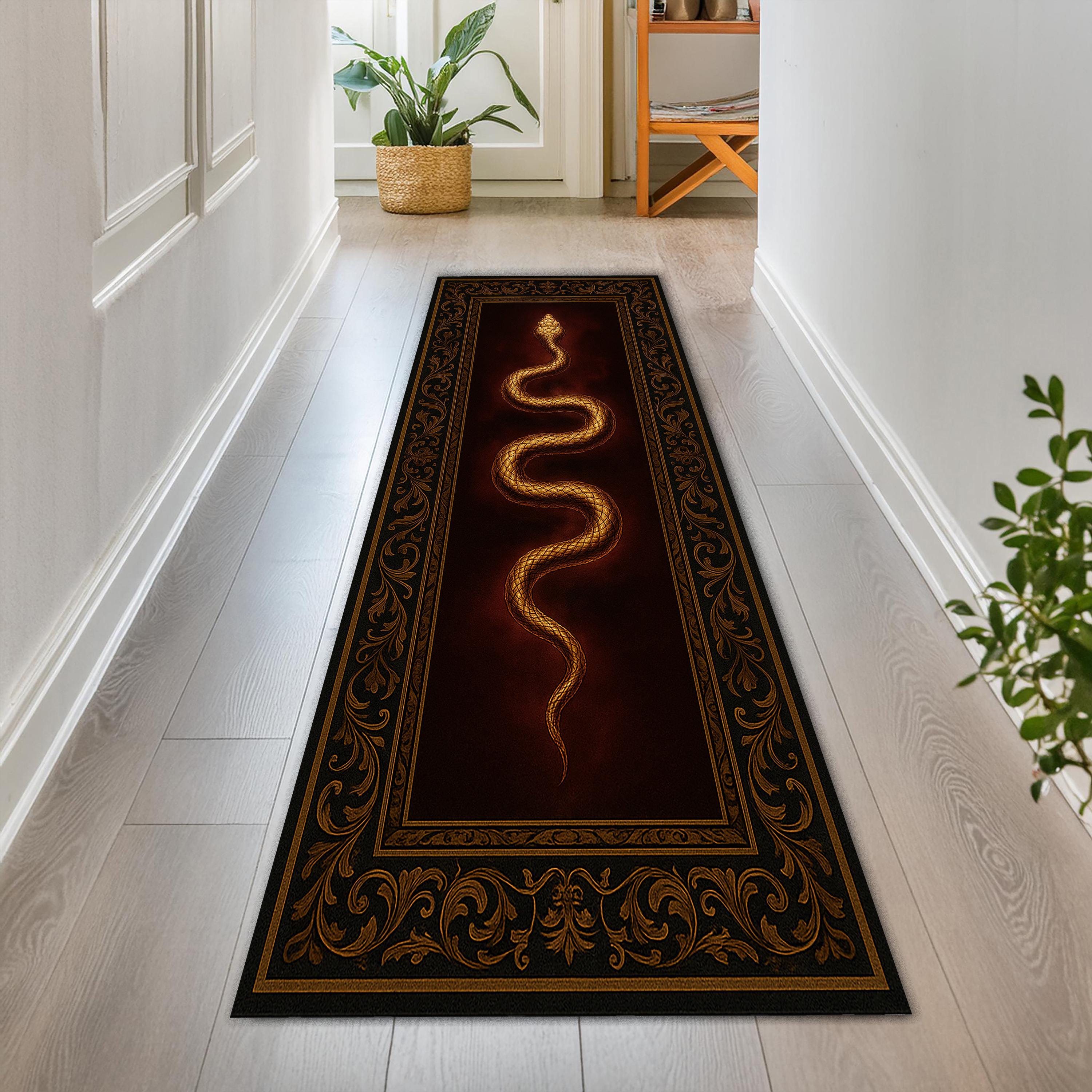Crimson Serpent Runner Rug – Red and Gold Baroque Hallway Carpet With ...