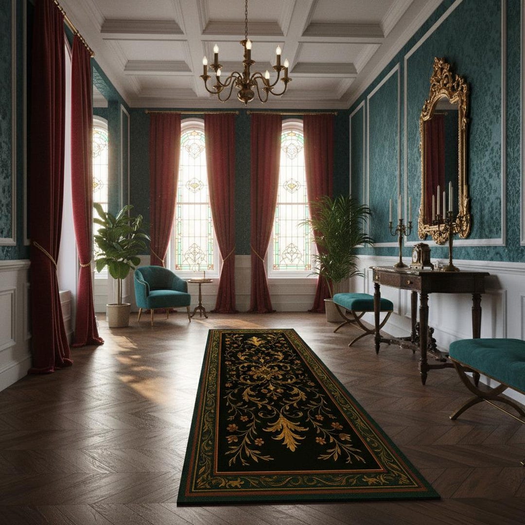 Noir Baroque Vine Runner Rug, Black and Gold Luxury Hallway Carpet With ...