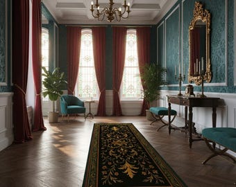 Noir Baroque Vine Runner Rug, Black and Gold Luxury Hallway Carpet with Ornate Floral Vines, Classic Gothic Runner Rug for Elegant Interiors