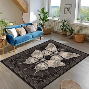 Luna Moth Rug, Gothic Rug, Cottagecore Butterfly Decor Rug, Celestial Witch Dark Moth Carpet, Living Room Fairycore Whimsical Decor