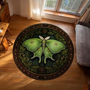 Floral Luna Moth Rug, Green Butterfly Rug, Dark Cottagecore Home Decor, Gothic Style Round Rug, Spooky Rug, Nature Lover Butterfly Rug