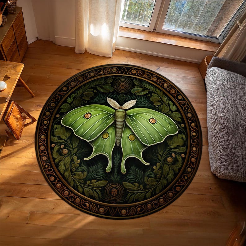 Large Moth Rug Floral Luna Moth Rug, Green Butterfly Rug, Dark Cottagecore Home Decor ...