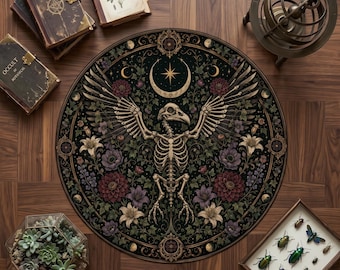 Alfombra redonda de cuervo esqueleto, alfombra gótica de pájaros, decoración floral oscura, alfombra de cuervo celestial, alfombra redonda botánica de bruja