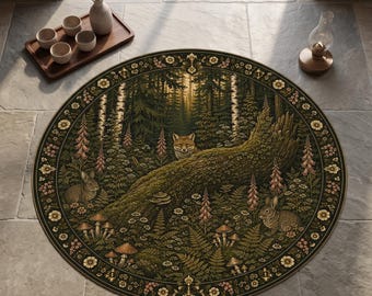 Alfombra redonda de zorro del bosque encantado, alfombra de animales del bosque, decoración rústica de naturaleza, alfombra botánica de vida silvestre, alfombra de suelo de bosque