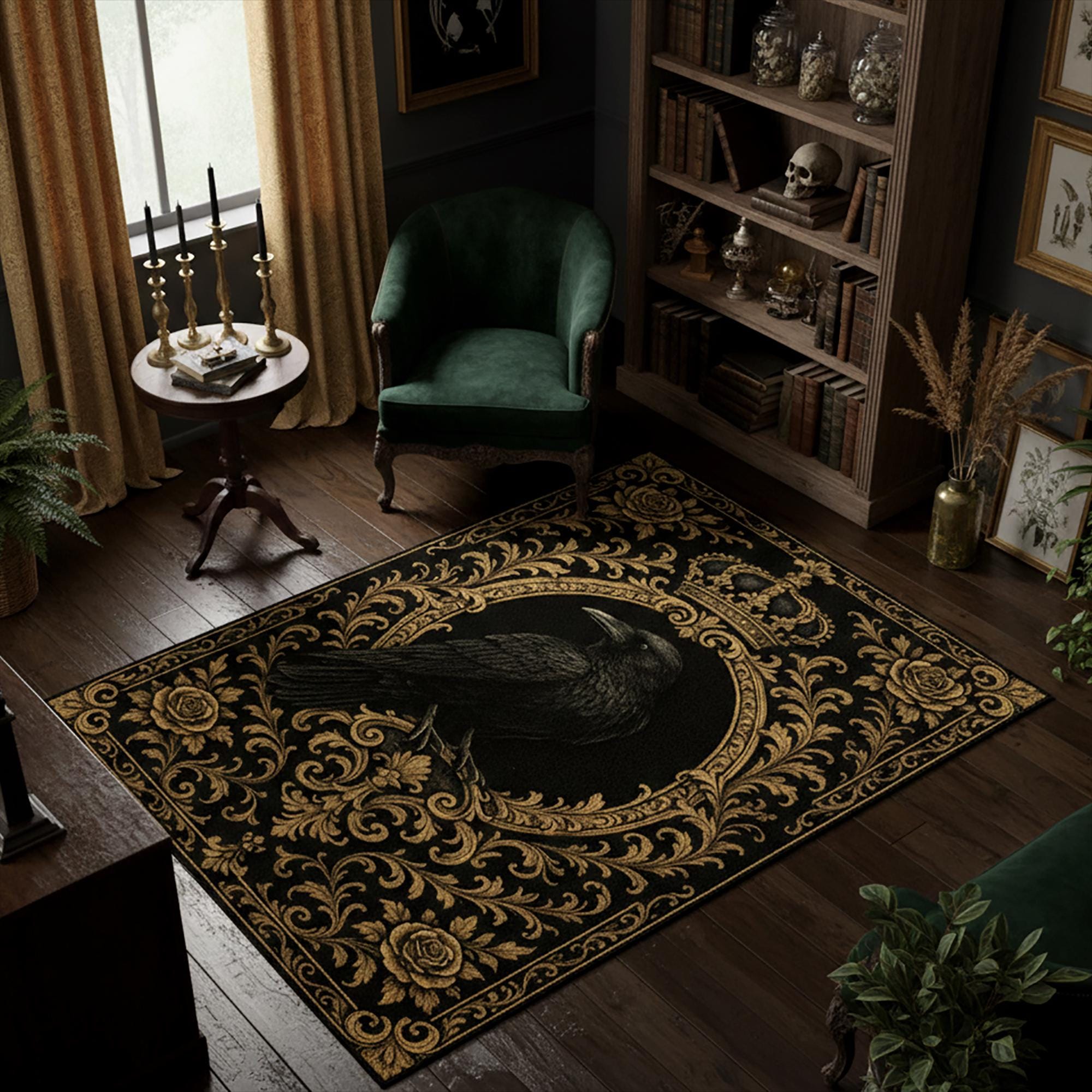 Round Baroque Rug Raven Baroque Rug – Gothic Gold and Black Carpet, Crow Art Dark ...