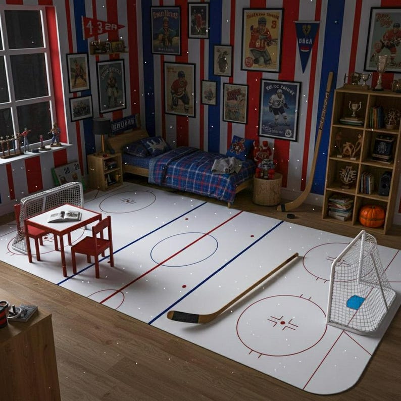 May include: A bedroom decorated with a hockey theme, featuring a rug designed as an ice rink. The room includes a bed with a blue plaid duvet, hockey posters, a wooden bookshelf, and a small table with chairs. A hockey stick and net are also present.