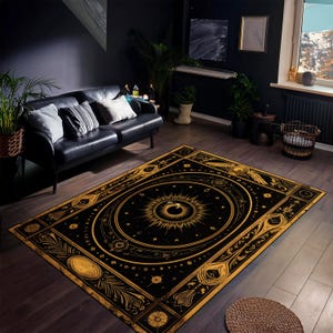 Mystic Black Sun Rug – Celestial Eye Design, Gothic Astrology Rug, Boho Occult Carpet, Cosmic Starry Floor Art