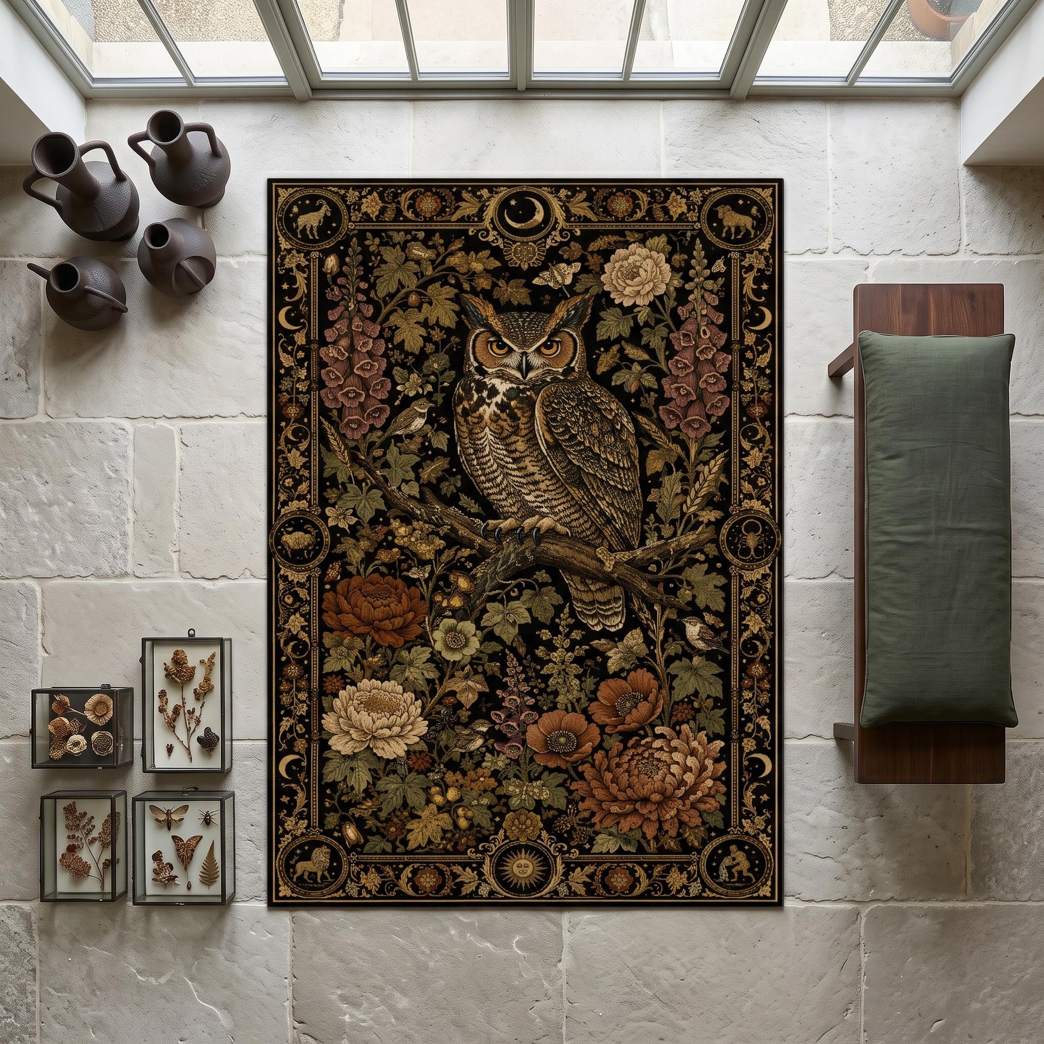 Vintage Owl Area Rug, Woodland Botanical Carpet, Cottagecore Owl Decor, Nature Inspired Floral Rug,