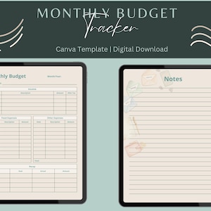 May include: A digital monthly budget tracker template displayed on two tablet screens. The left screen shows a budget planning layout with sections for income, fixed expenses, other expenses, and a recap. The right screen shows a lined notes page.