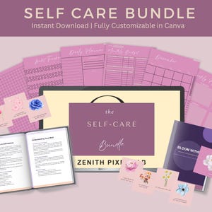 Peut inclure: Un ensemble de soins personnels numérique avec un écran d'ordinateur affichant le texte "the SELF-CARE Bundle ZENITH PIXEL HUB" entouré de diverses pages de planification roses, un livre ouvert intitulé "The Power of Affirmations" et des cartes florales.