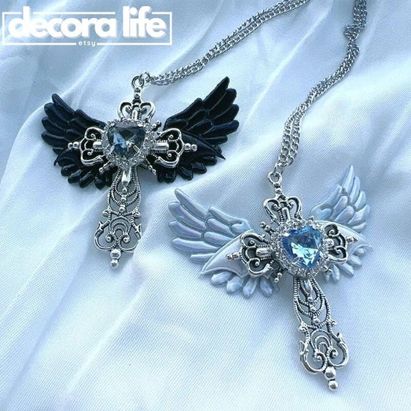 Gothic Winged Cross Pendant Necklace - Y2K Jewelry, Crystal Heart Choker, Punk Charm, Korean Fashion Accessory for Women