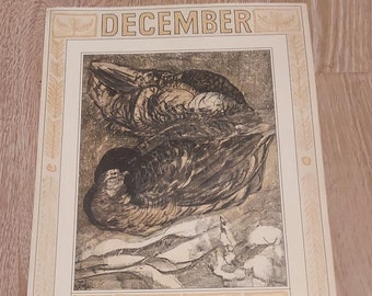 Estampe, lithographie, page originale du calendrier « Ducks – eenden » 1909 de Theo van Hoytema, célèbre artiste néerlandais. Mois : décembre, 21 x 47 cm