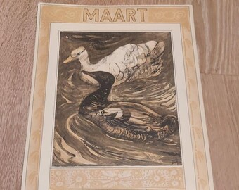 Print, Lithography, original page of calendar ‘Ducks – eenden’ 1909 of Theo van Hoytema, famous Dutch artist. Month: March, 21 x 47 cm