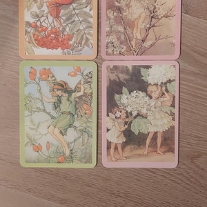 Set van 4 kaarten Cicely Mary Barker; de sleedoornfee, de lijsterbes, de gelderse rozenfee en de rozenbottelfee.